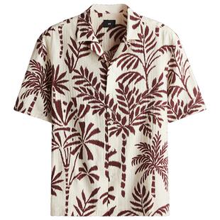 HM男装古巴领衬衫春季宽松植物印花休闲通勤衬衣1298187