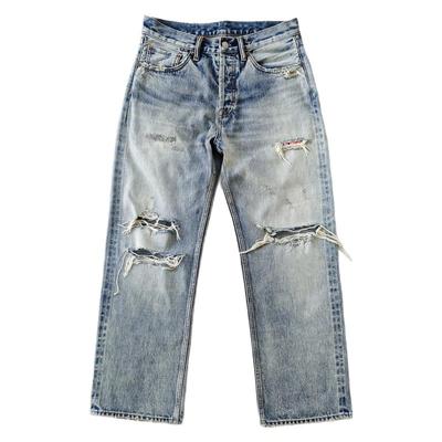 WIROTE威络 补丁贴布破洞破坏雪花纹旧化洗水 宽松直筒赤耳牛仔裤