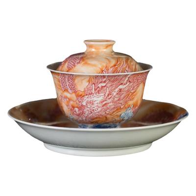 粉彩矾红金银错龙吐珠盖碗套组