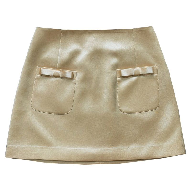 法式醋酸缎蝴蝶结A字三色短裙