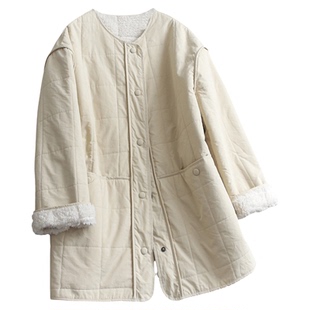 纯色圆领仿羊羔毛内里绗缝加绒加厚长款保暖宽松棉服女装外套Q769