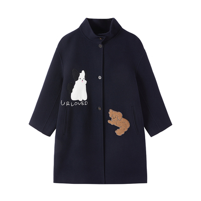 有兰萌宠绣花长款毛呢大衣