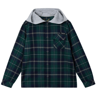 eland kids衣恋童装男童衬衫25年春秋学院风LOGO刺绣格纹连帽上衣