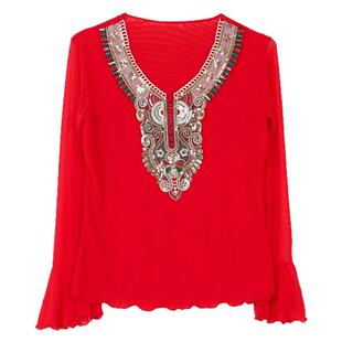 2025新款新疆舞蹈上衣女夏季网纱修身打底衫民族舞古典舞维族舞服