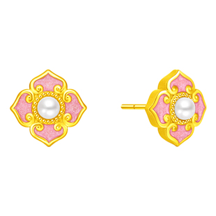 周大福SOINLOVE蜜粉金十里红妆岁岁欢幸黄金珍珠耳钉生日礼物