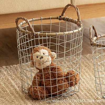 美式复古简约铁艺网格物藤条储篮编织筐手提收纳纯手工篮铁丝置物