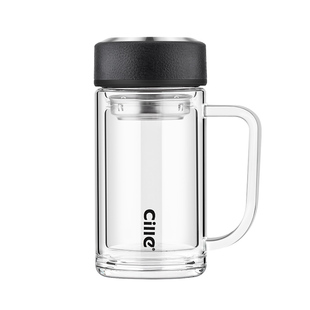 希乐双层玻璃杯带把手大容量办公室杯子男士商务耐高温防烫茶水杯