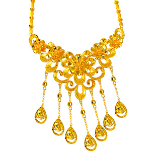 新款婚嫁花卉三金项链女镀黄金色龙凤手镯套装新娘假金道具饰品