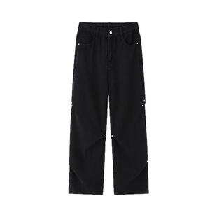 WASSUP美式黑色牛仔裤男春秋高街痞帅宽松阔腿水洗做旧复古长裤潮