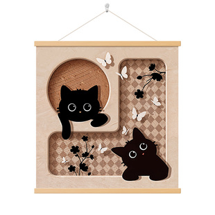 中古风猫咪餐厅装饰画卡通客厅布画酒斗柜台卷轴挂画卧室床头壁画