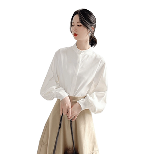 法式泡泡袖白色衬衫女设计感小众立领长袖复古气质高级感上衣厚款