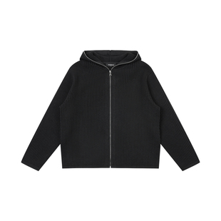 haonanhuang 7针18支羊毛混纺竖纹理全拉链连帽毛织开衫毛衣外套