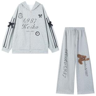 KEIKO 美式轻亚风灰色卫衣套装26春季动感织带连帽外套+休闲卫裤