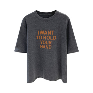 植绒字母磨毛棉短袖T恤女姜黄色休闲宽松慵懒风套头上衣打底磨毛T