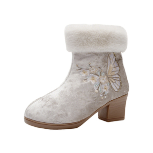 初蝶高跟老北京加绒布靴侧拉链优雅过冬保暖绒面毛口女旗袍布鞋子