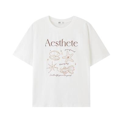 三福短袖T恤女2026新款夏季海洋图案印花宽松圆领上衣女装520105