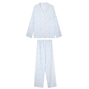 馨帮帮蓝色条纹碎花翻领睡衣女初秋可外穿长袖长裤宽松家居服套装
