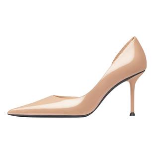 烫社交女鞋裸色漆皮尖头侧空细高跟鞋气质法式职业通勤百搭凉单鞋