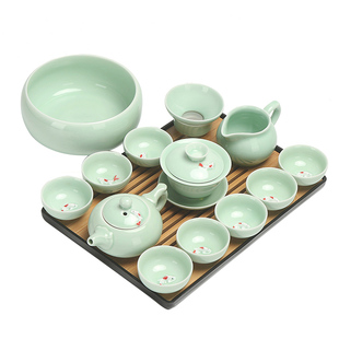 青瓷功夫茶具套装家用办公简约盖碗茶壶鱼杯茶洗茶道托盘陶瓷整套