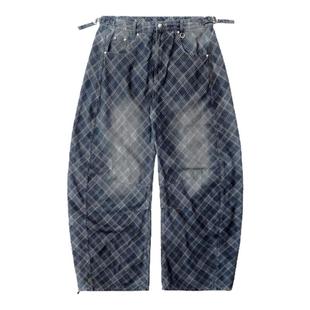 韩国badblood美式复古街头迷彩格纹弯刀阔腿裤辣妹宽松牛仔休闲裤