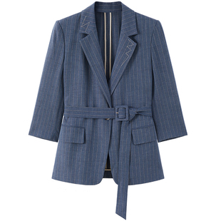 LANDI蓝地蓝色条纹七分袖系带收腰西装外套女西服夏新品
