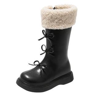 红蜻蜓女童鞋子雪地儿童长靴子长筒加绒2025冬季新款公主小皮靴黑