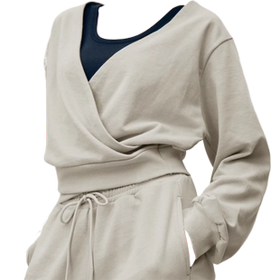 不规则短款卫衣女大V领瑜珈宽松纯棉T恤春秋小众运动罩衫欧美上衣