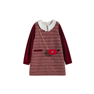 冬装女童小香风连衣裙女孩生日红色公主裙大童高级感冬季新年裙子