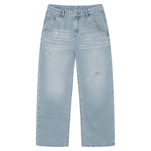 PSO Brand男装女装复古水洗斜纹微破洞浅蓝色牛仔裤男款垂坠长裤