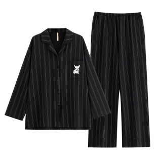 家乐芬睡衣女款春秋款秋季纯棉长袖家居服条纹休闲高级感黑色套装