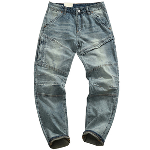 机车风弹力复古怀旧舒适小脚裤男潮牌修身水洗高端拼接男士牛仔裤