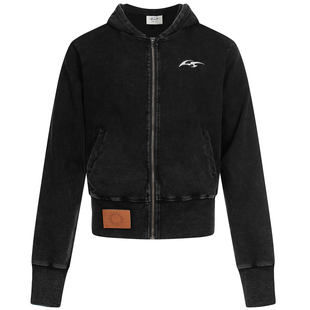 OV原创美式做旧水洗加宽螺纹短款连帽卫衣女春季显瘦收腰开衫外套