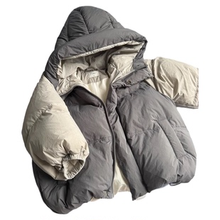 儿童冬季拼色连帽羽绒服套装男宝加绒宽松长裤男童保暖白鸭绒外套