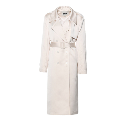 DPLAY【黑标】2025年秋季新款白色风衣外套女气质缎面长款大衣