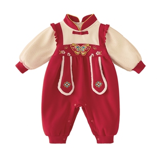 婴儿加绒连体衣女婴童秋冬加厚哈衣新生爬服百天新年装宝宝红色