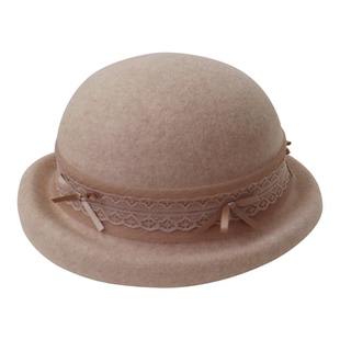 法式复古优雅进口羊毛呢贝雷帽女秋冬蕾丝蝴蝶结卷边小礼帽厚边帽