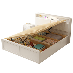 全实木白色主卧抽屉气压侧开高箱收纳床1.2m至1.8米小户型储物床