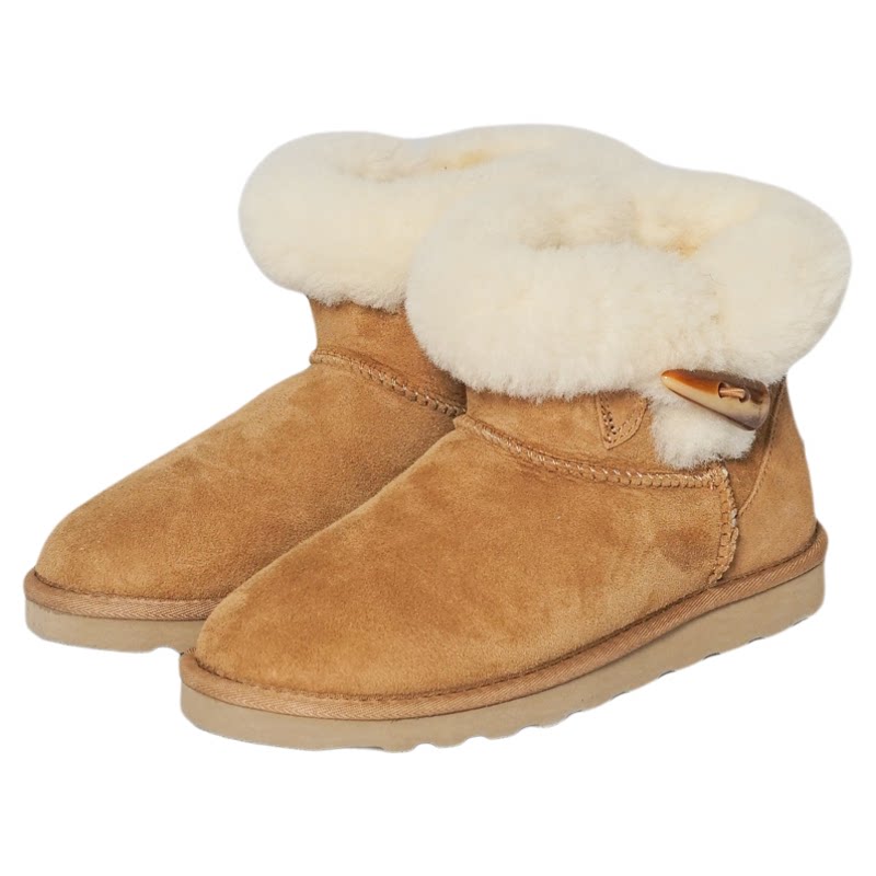 WDDYSHOES牛角扣雪地靴女2026冬新款皮毛一体翻毛中高筒棉鞋