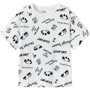 森马儿童短袖T恤男2025夏季新款纯棉熊猫满印上衣男童打底衫宽松