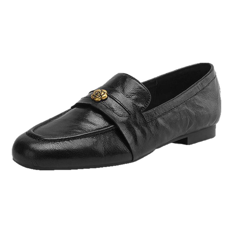 达芙妮软底乐福鞋女秋冬季2025新款加绒平底鞋黑色小皮鞋通勤单鞋