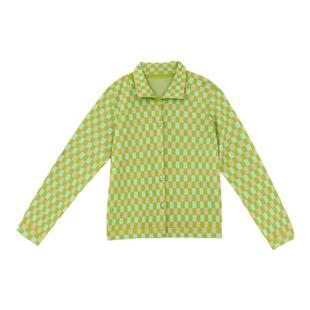 阁兰秀2025年春季新品淡绿色翻领棋盘格提花针织小开衫短外套女装