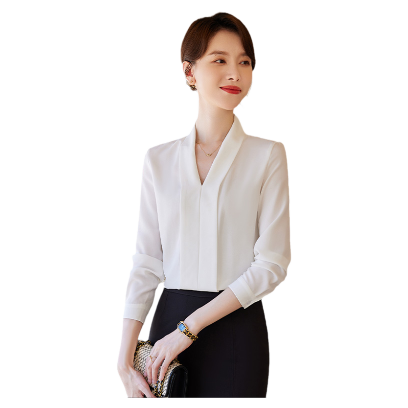 诗璐雅V领长袖雪纺职业衬衣女春
