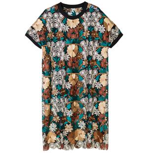 YUESPACE重工蕾丝绣花连衣裙夏装裙子宽松显瘦短袖圆领复古a字裙