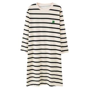 纯棉睡裙女款2026新款春秋季带胸垫长袖条纹休闲套头连衣裙子睡衣