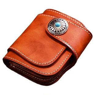 爱皮艺养牛钱包手工牛皮竖款搭扣复古风短款真皮财布卡位植鞣短夹