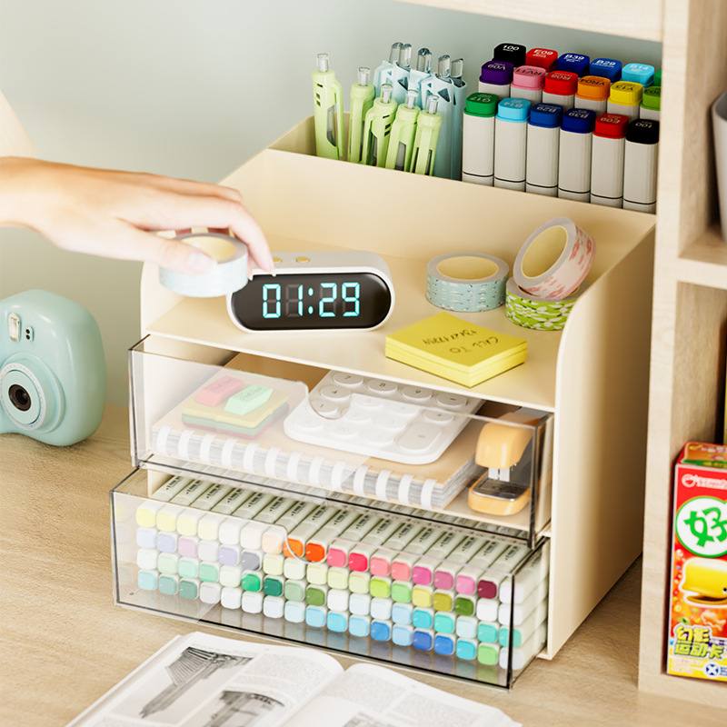 简约抽屉式化妆品桌面收纳盒文具马克笔彩色笔笔筒分层杂物置物架