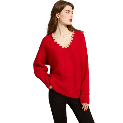 纯羊毛套头V领手工钉珍珠毛衣