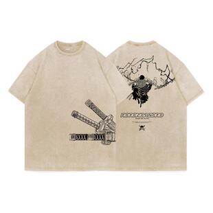 TEE7日漫海贼王索隆拔刀创意短袖T恤水洗做旧纯棉高街ins潮流经典