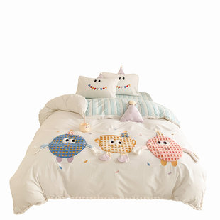 ins可爱全棉水洗棉床上四件套纯棉床单被套公主风儿童卡通三件套4