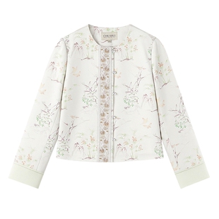 秋水伊人国风水墨印花气质上衣2026年春季新款撞色袖口优雅短外套